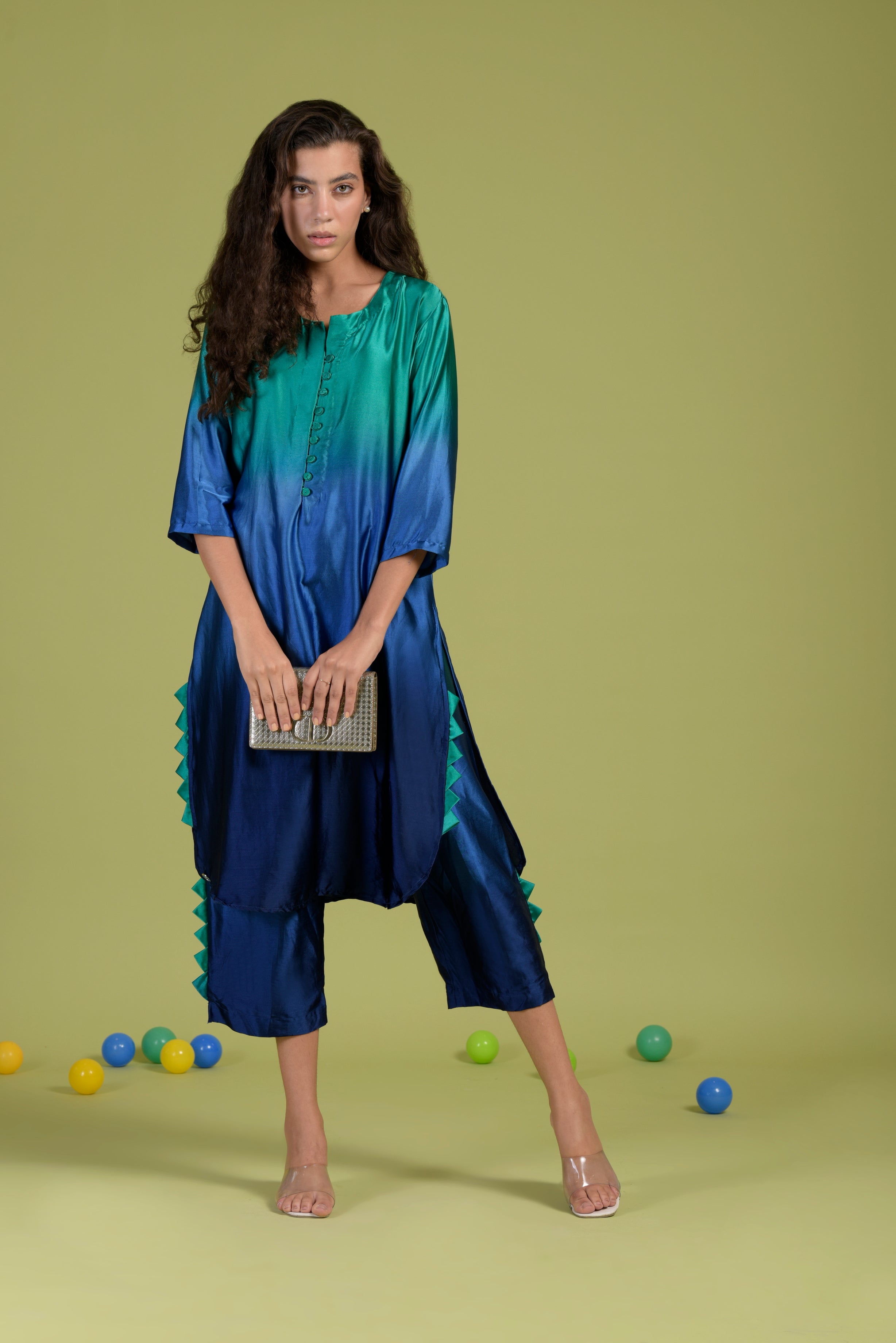 Siciley Satin Button Up Tunic Set - Peacock