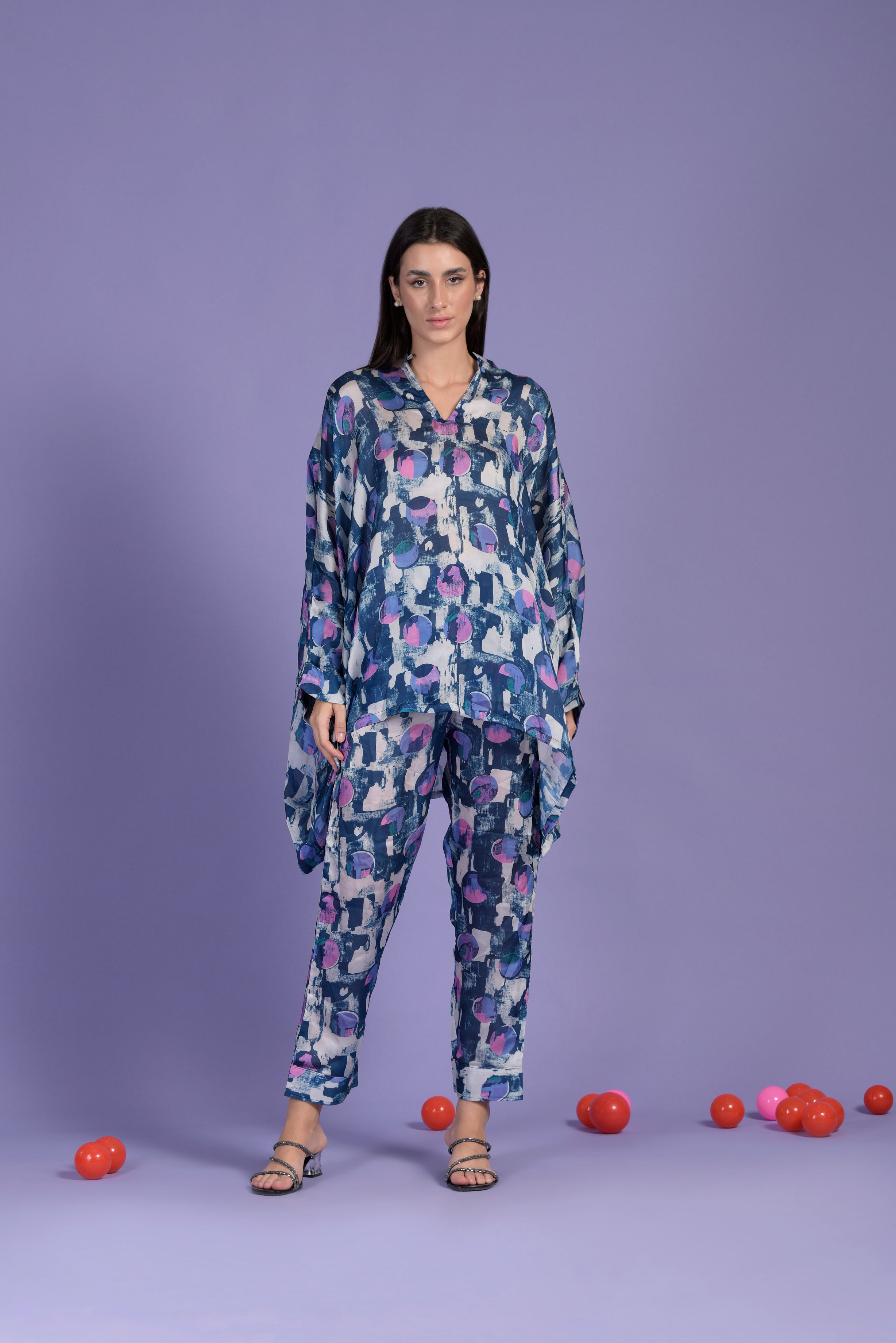 Kylie Kaftan abstract printed Co-ord Set  - Blue