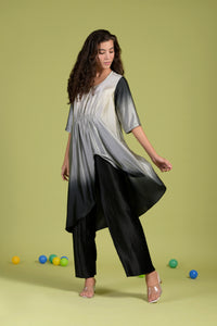 Siciley Satin Silk Cinched In Dress with Ombré Pleated Pants- Black
