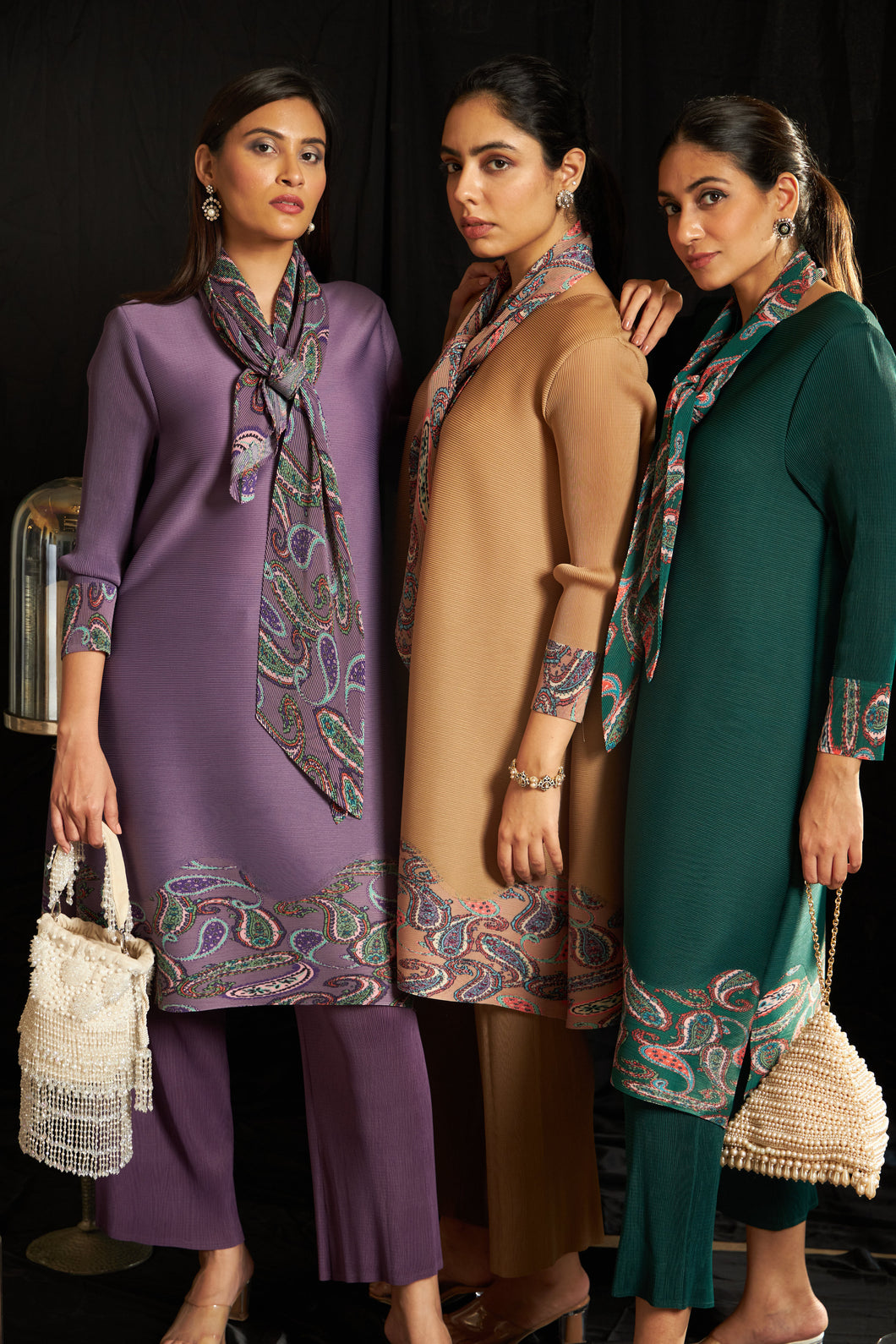 Lowyl Paisley Printed Tunic Set With Scarf- Purple