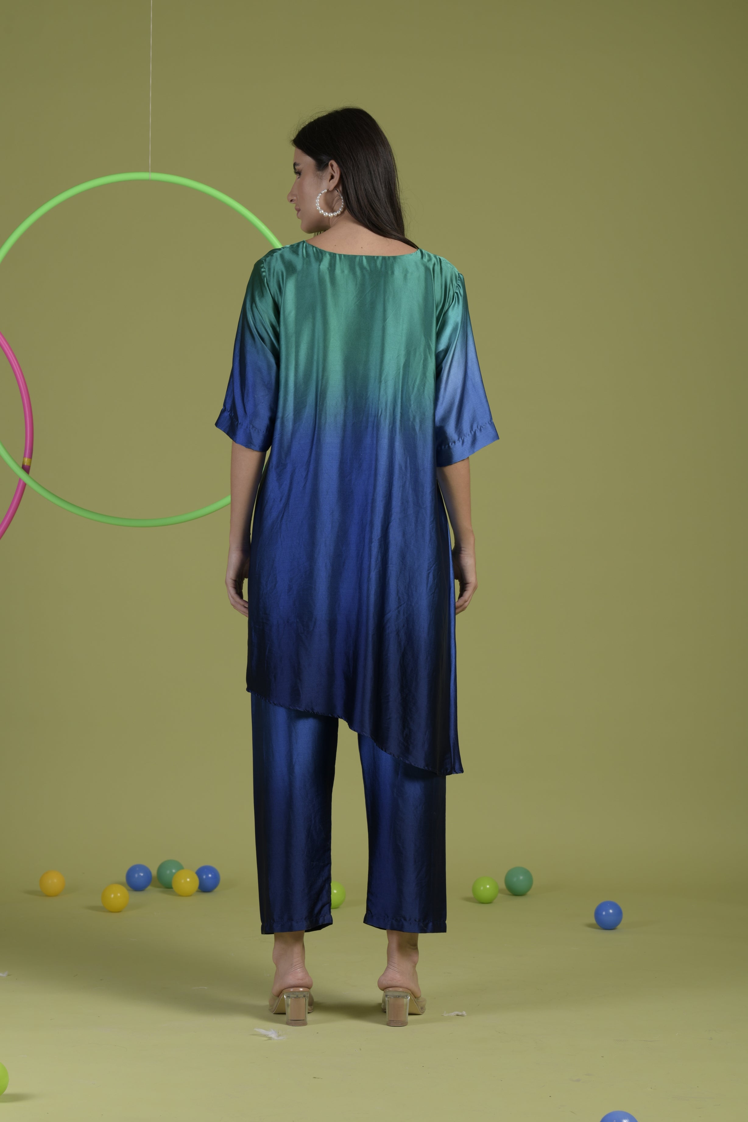 Siciley Satin Silk Cinched In Dress with Ombré Pleated Pants- Peacock