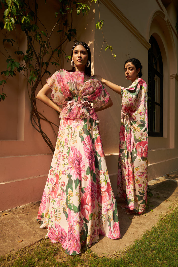Floral Fantasy Ghagra with Organza Ruffle Blouse - Pink Magic