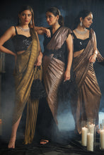 Load image into Gallery viewer, Saia Metallic Slit Saree with Crystal Blouse - Gun Metal Gold