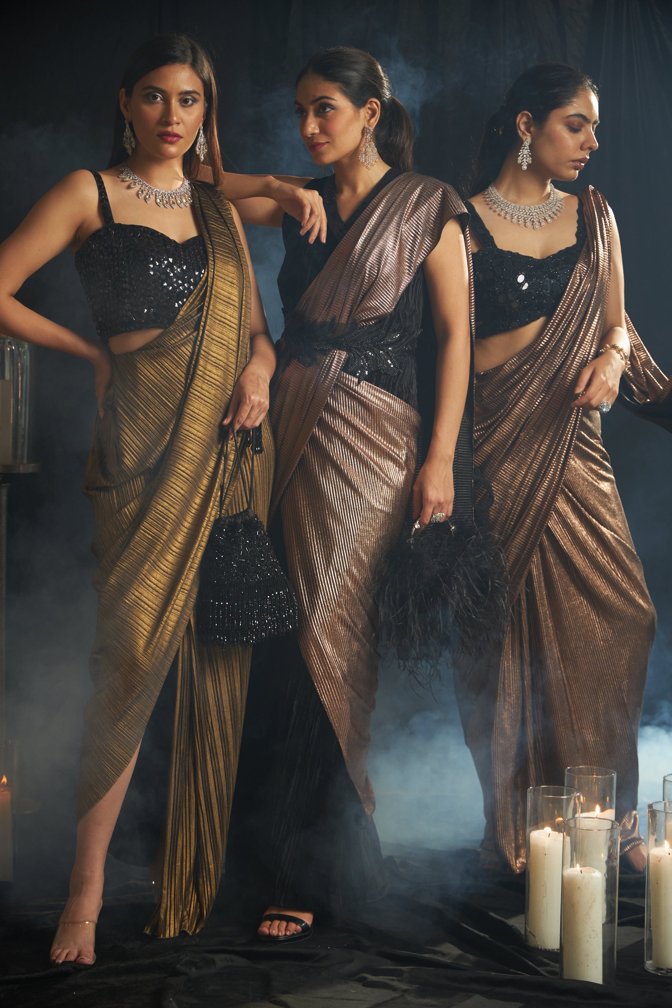 Saia Metallic Slit Saree with Crystal Blouse - Gun Metal Gold