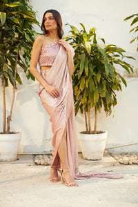 Saia Metallic Slit Saree with Off Shoulder Blouse - Pink