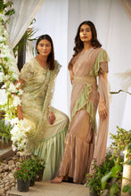 Load image into Gallery viewer, Magnificent Metallic Gown Saree with Ruffle Palla and Lace Belt - Pink Green