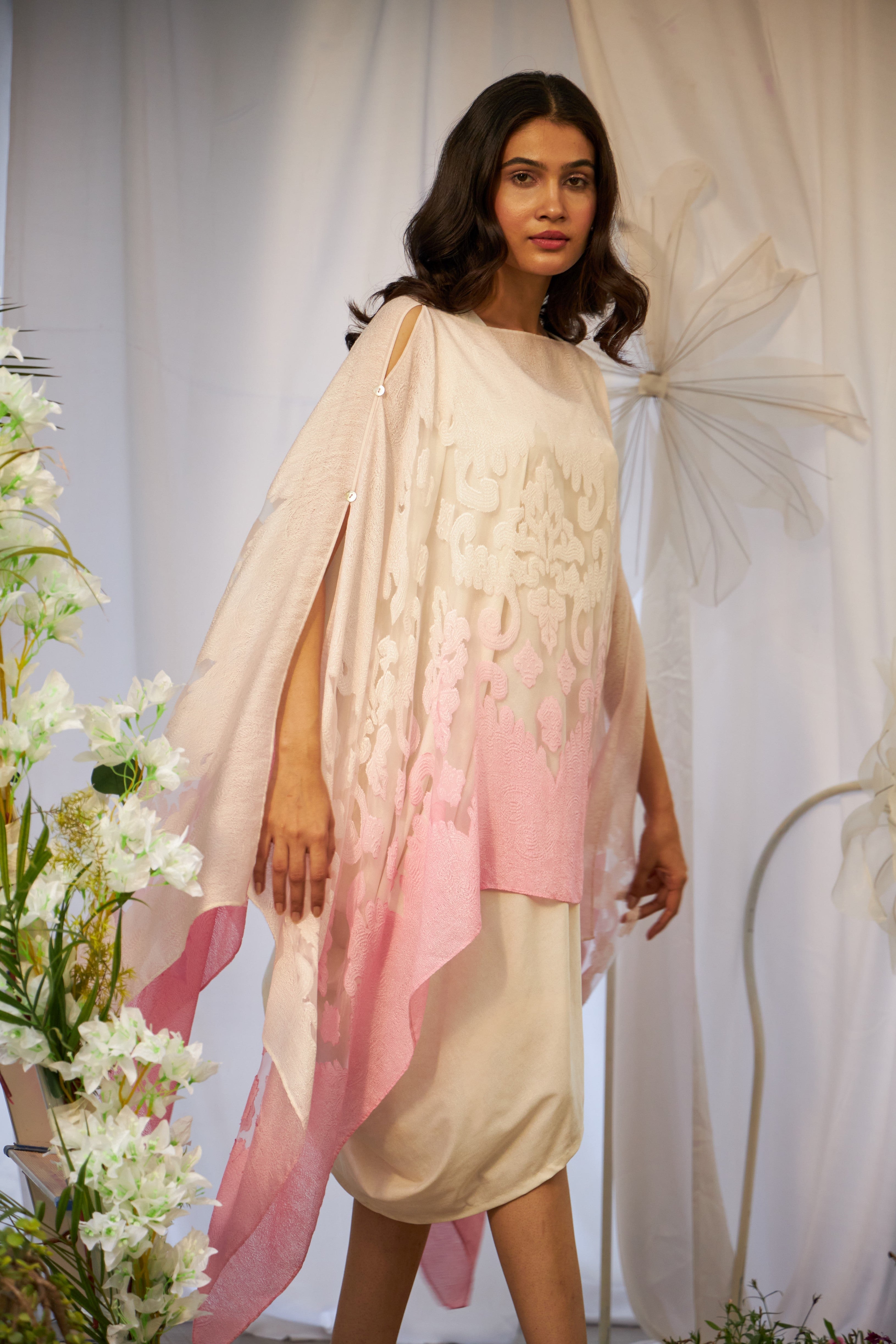 Slip Easy Dress With Organza Cape - Pink White