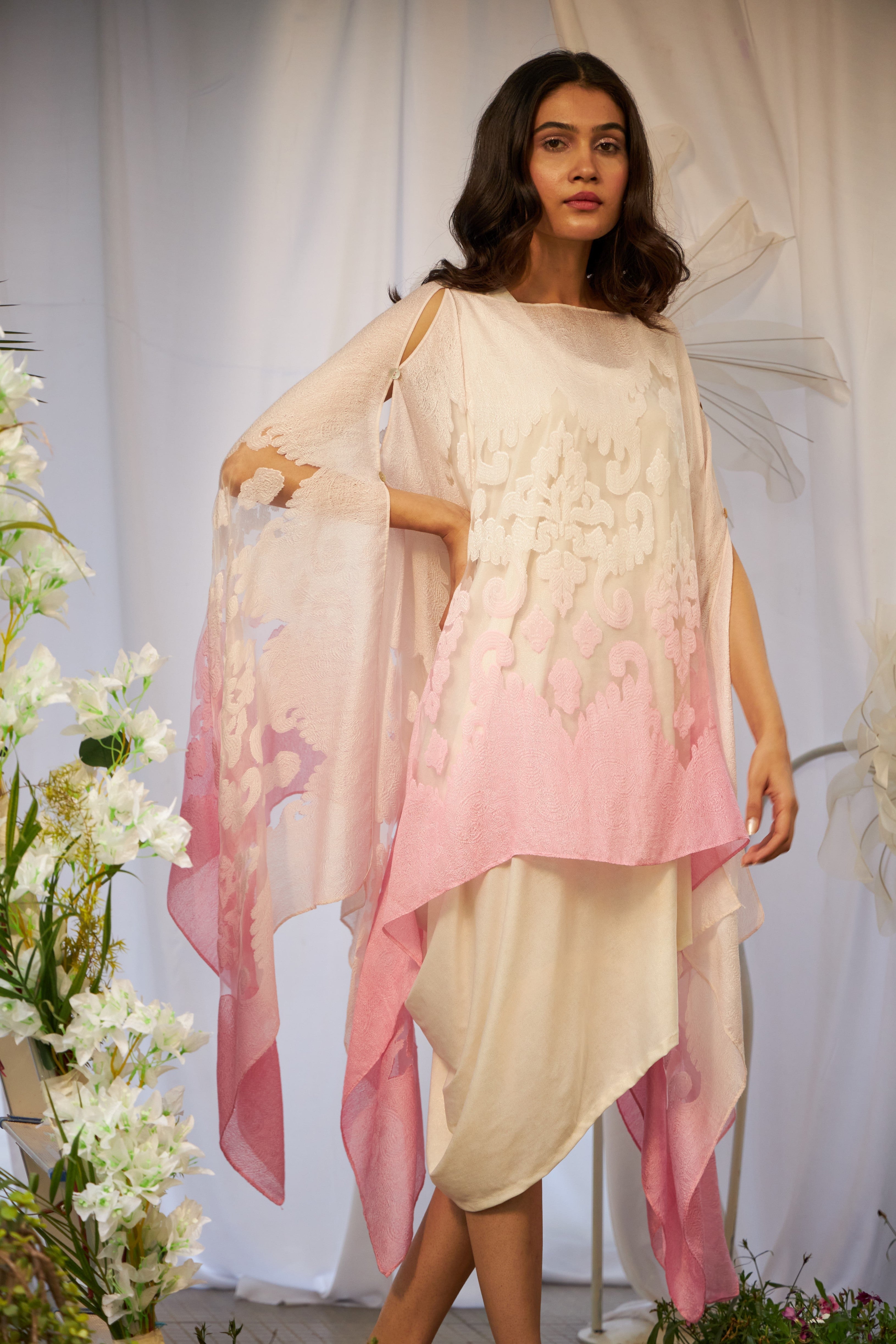 Slip Easy Dress With Organza Cape - Pink White