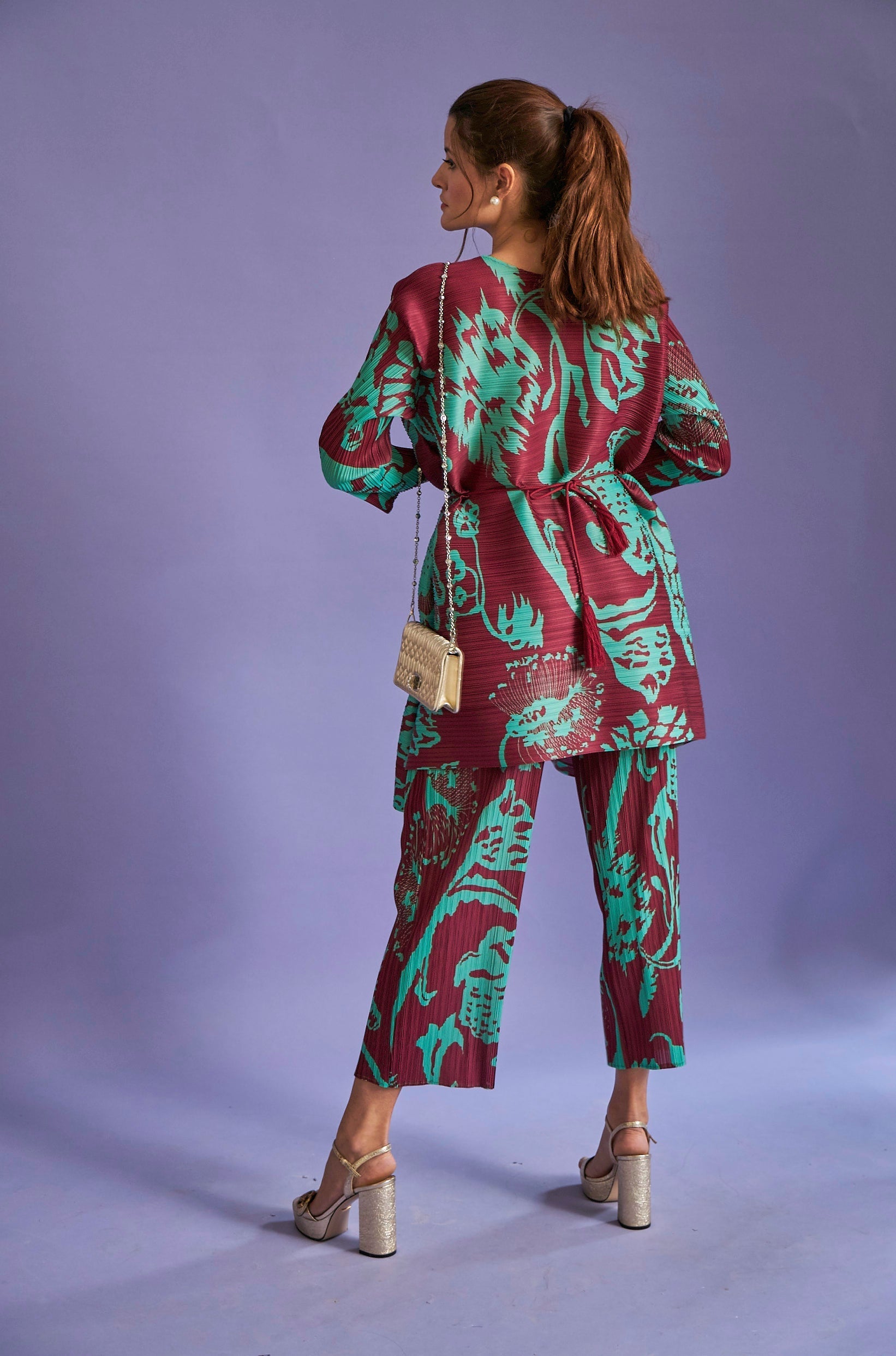 Olivia Printed Cinched-in Co-ord Sets - Maroon Green
