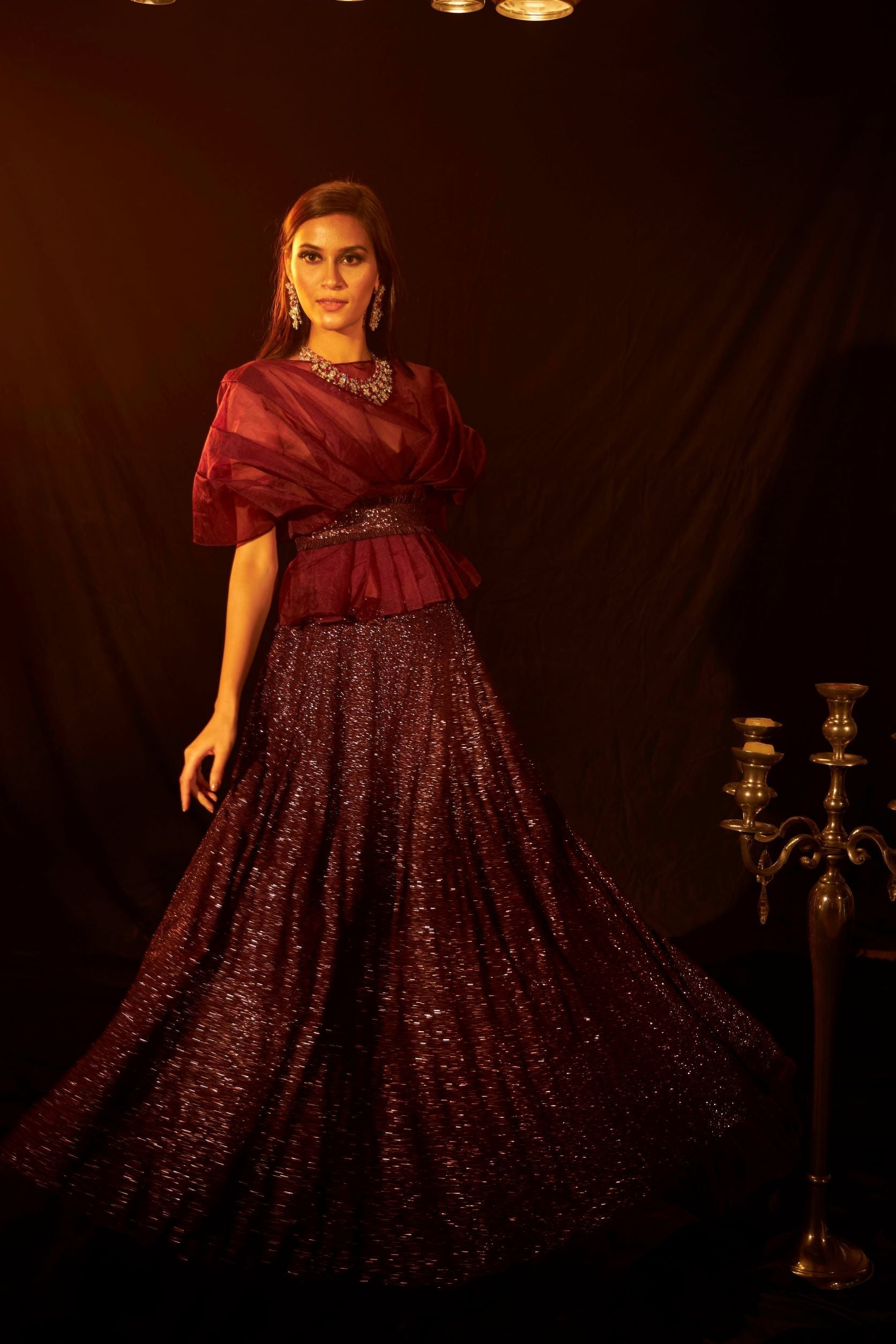 Bedazzling Sequence Ghagra with Organza Ruffle Blouse and Belt - Wine