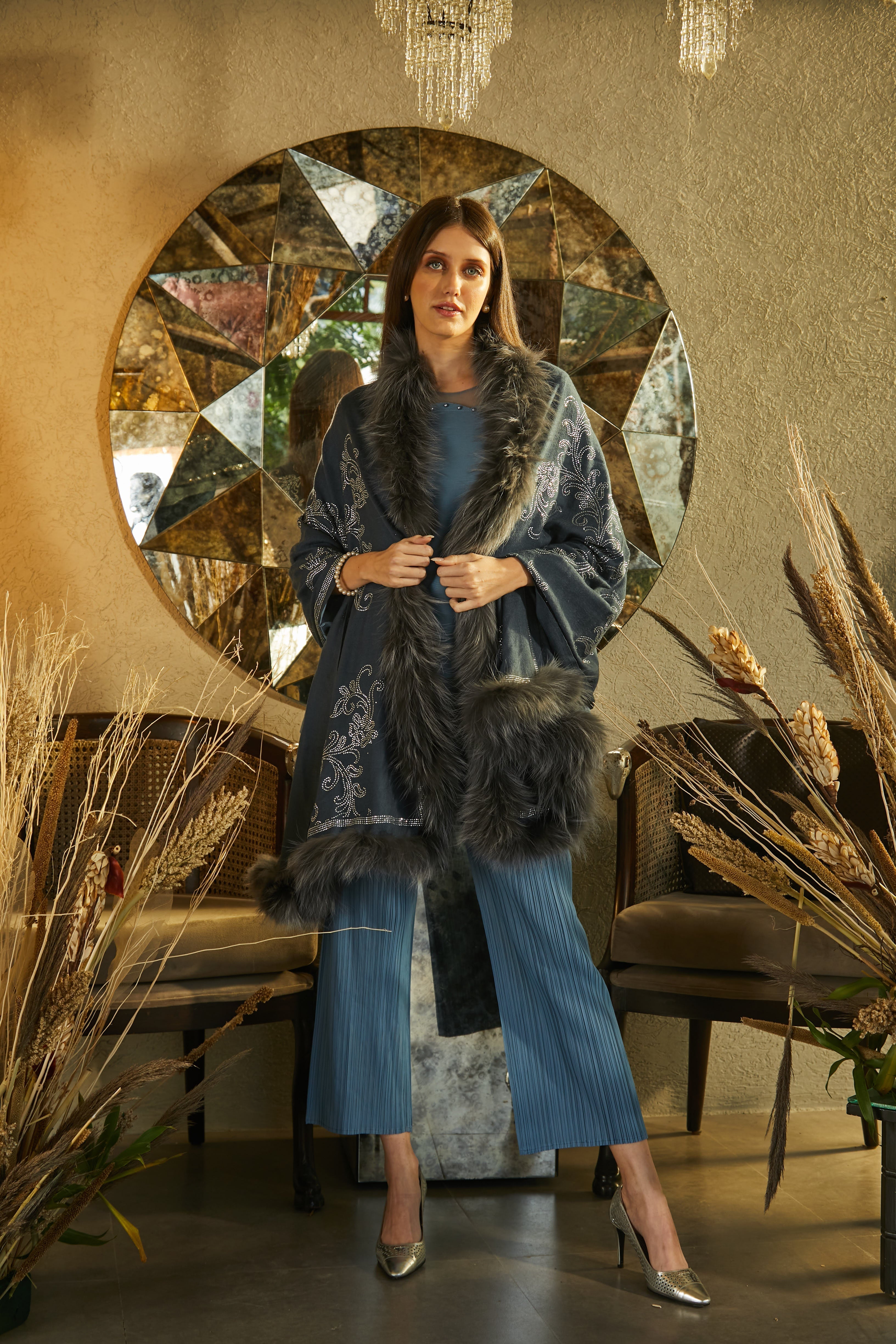 Statement Swarovski Fur Stole - Blue Jaal