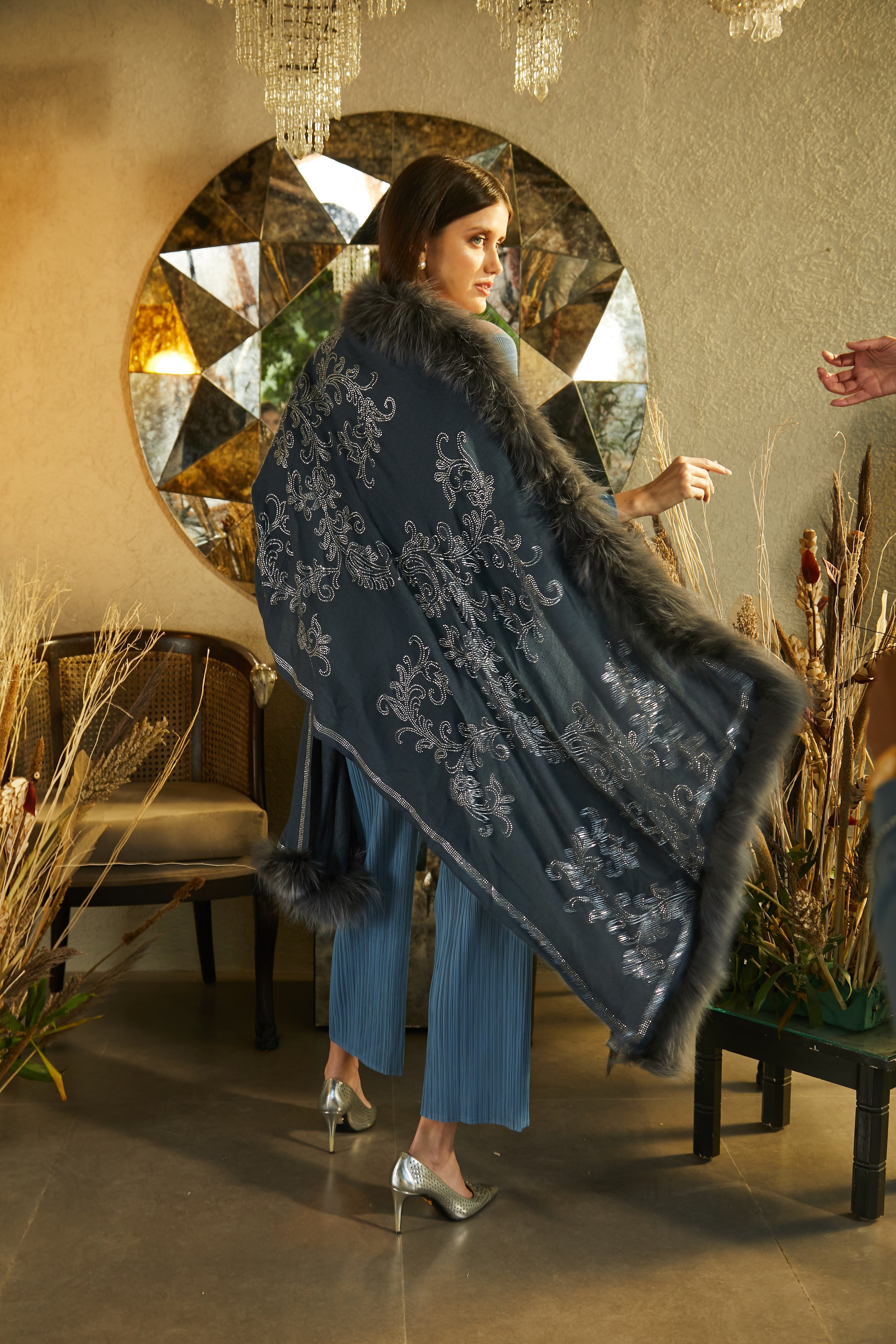 Statement Swarovski Fur Stole - Blue Jaal