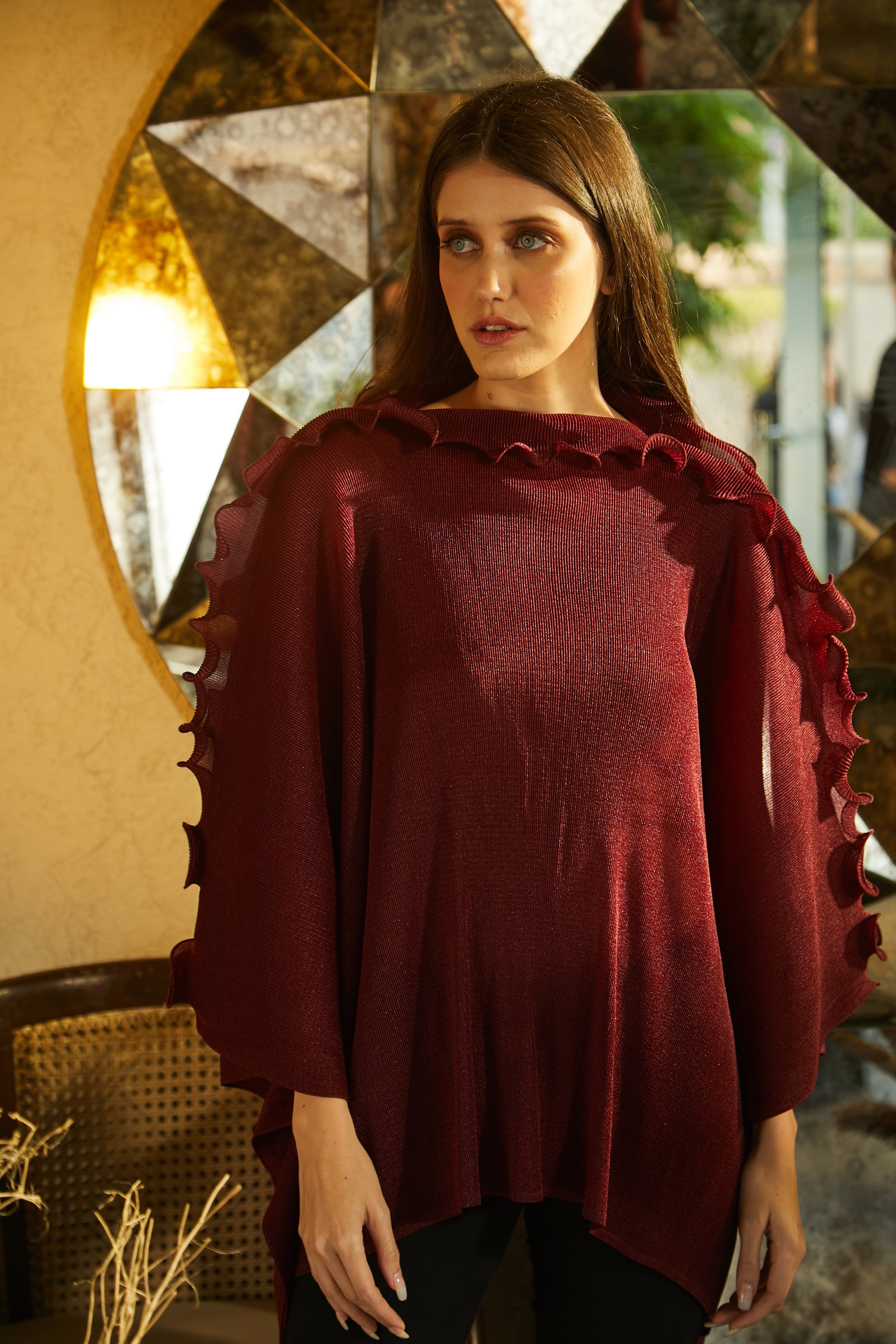 Rebecca Ruffle Sleeve Cape Top - Carmine Maroon