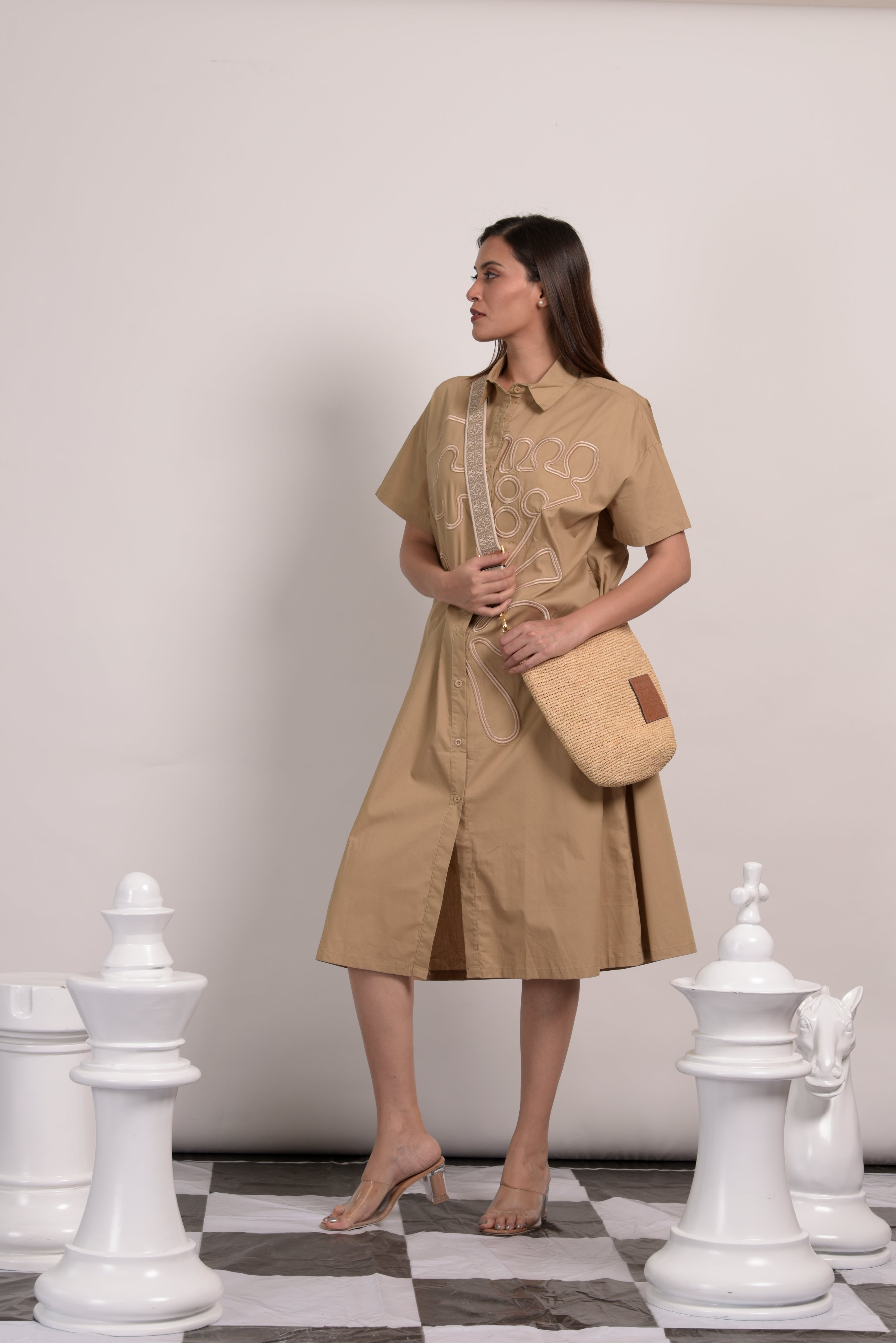 Brooklyn Embroidered Shirt Dress - Beige