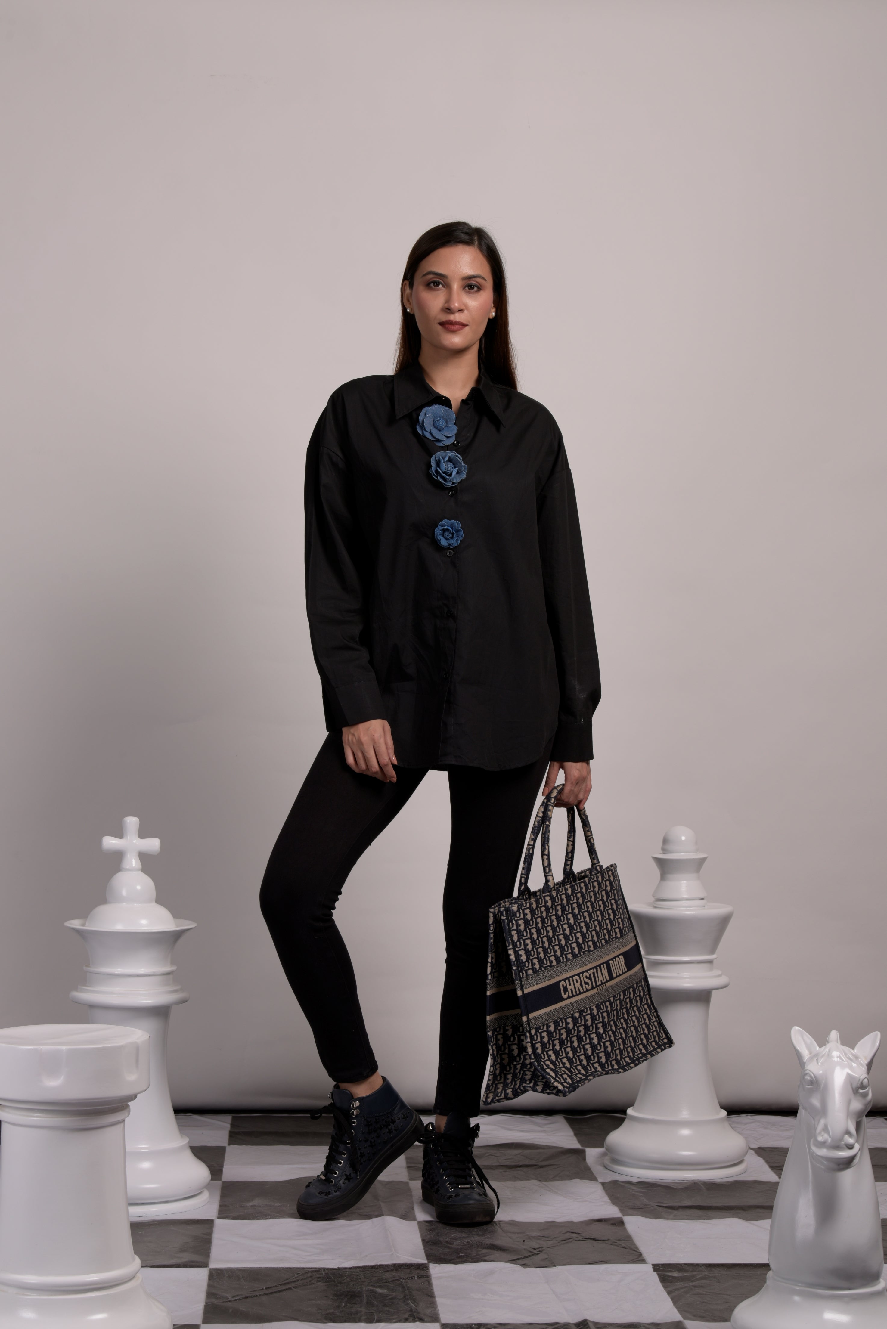 Beatrix Beflowered Shirt - Black & Blue