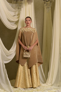 Divine Embroidered Cape With Brocade Sharara Pants - Gold