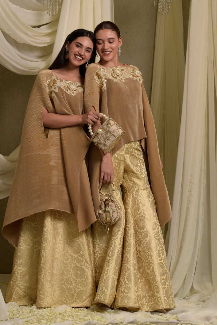 Divine Embroidered Cape With Brocade Sharara Pants - Gold