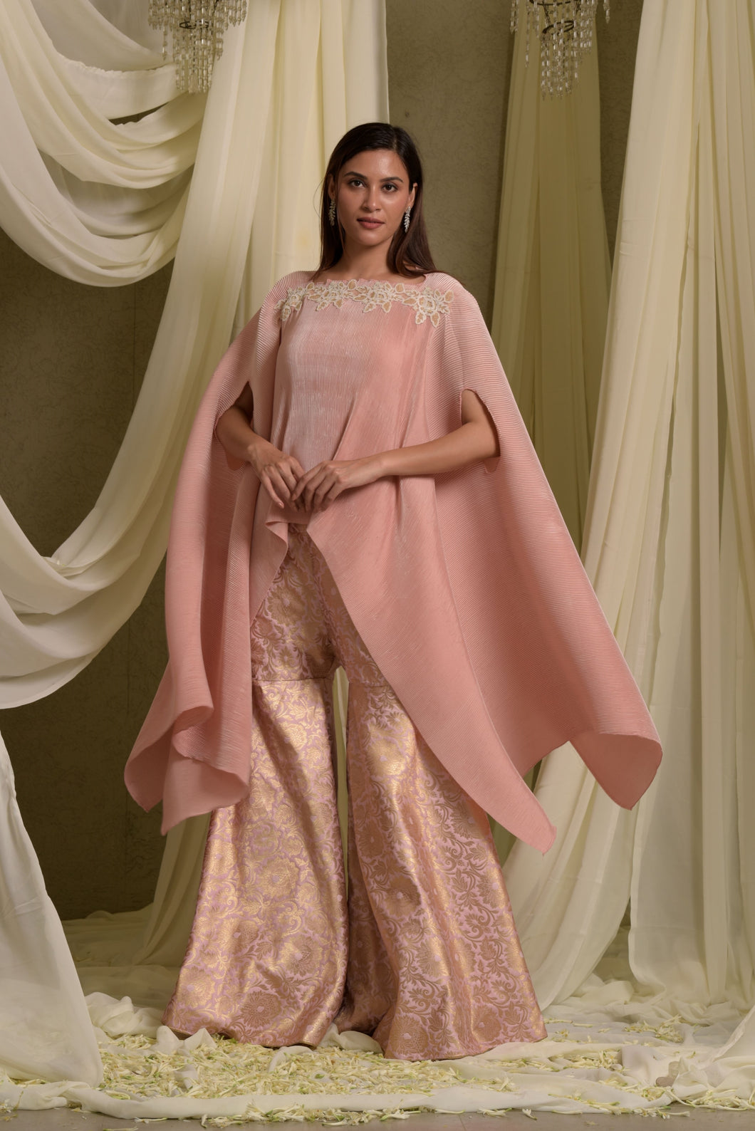 Divine Embroidered Cape With Brocade Sharara Pants - Blush Pink