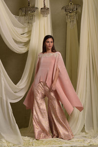 Divine Embroidered Cape With Brocade Sharara Pants - Blush Pink