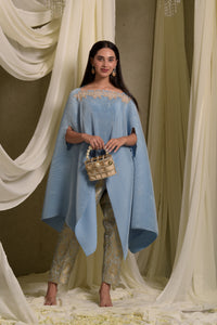 Divine Embroidered Cape With Brocade Pants - Powder Blue