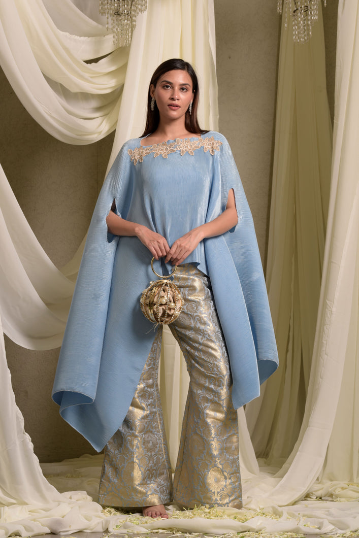 Divine Embroidered Cape With Brocade Palazzo Pants - Powder Blue