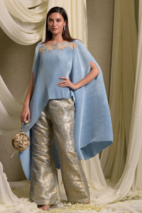 Divine Embroidered Cape With Brocade Palazzo Pants - Powder Blue