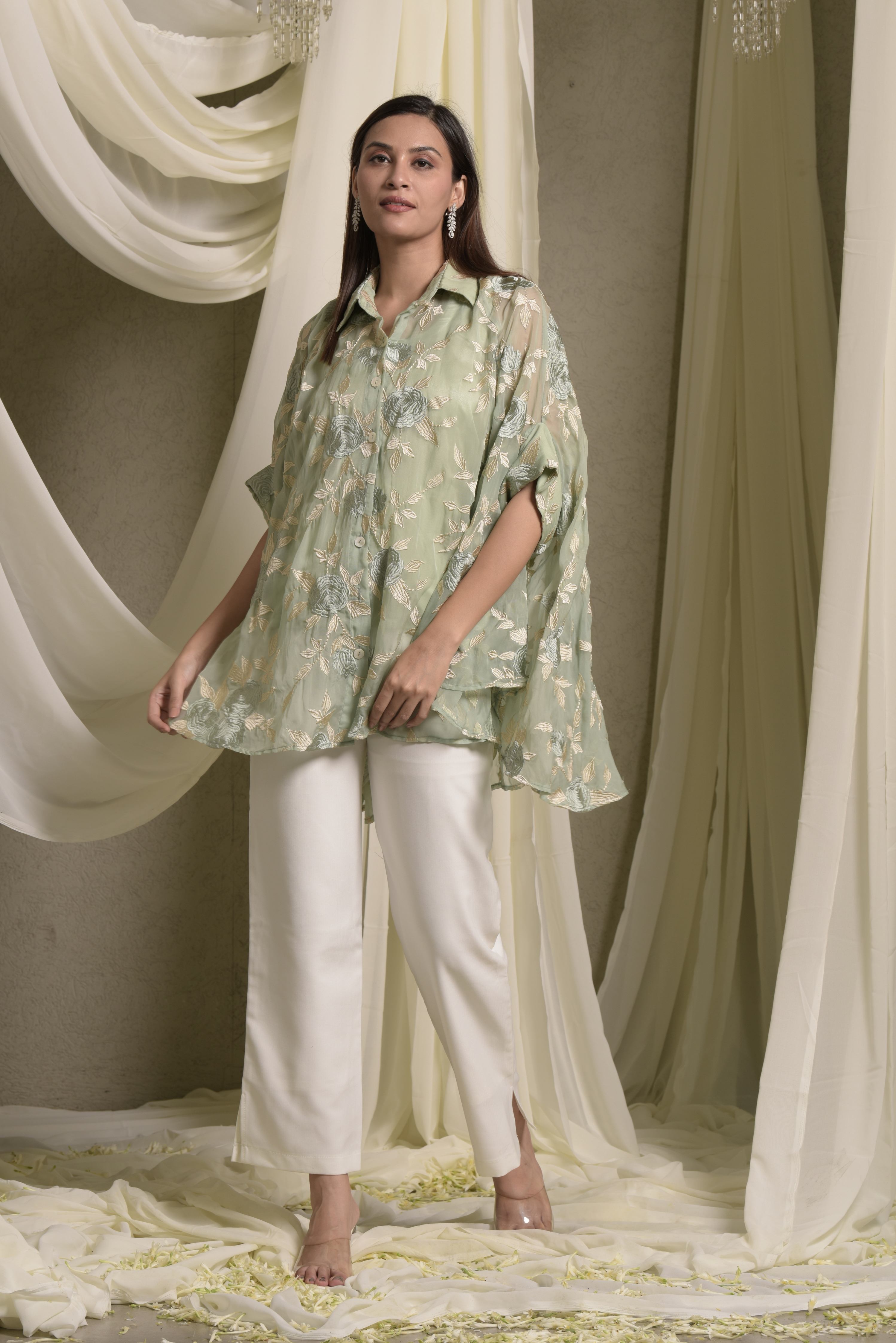 Elahe Embroidered Rose Shirt - Sage Green