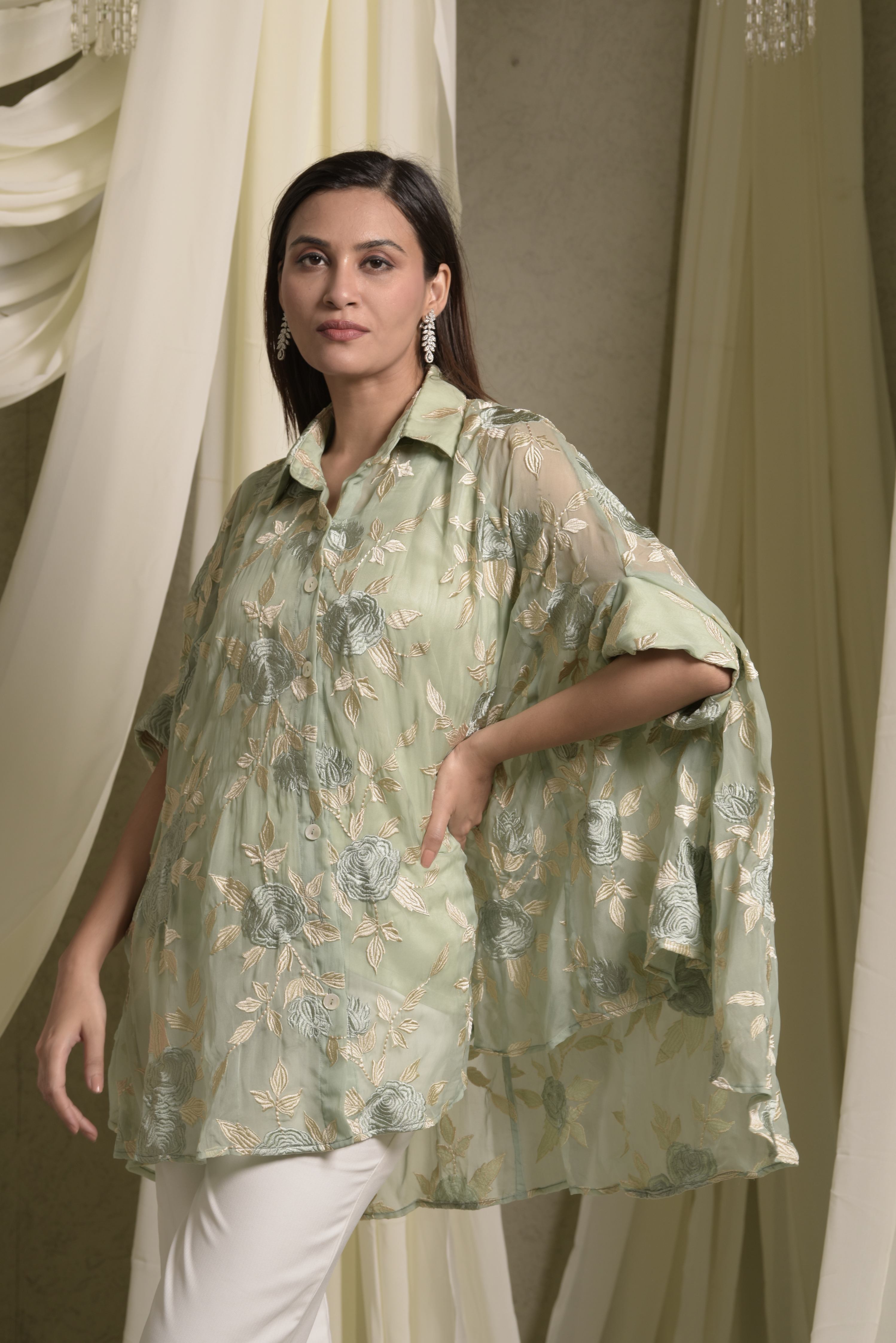 Elahe Embroidered Rose Shirt - Sage Green