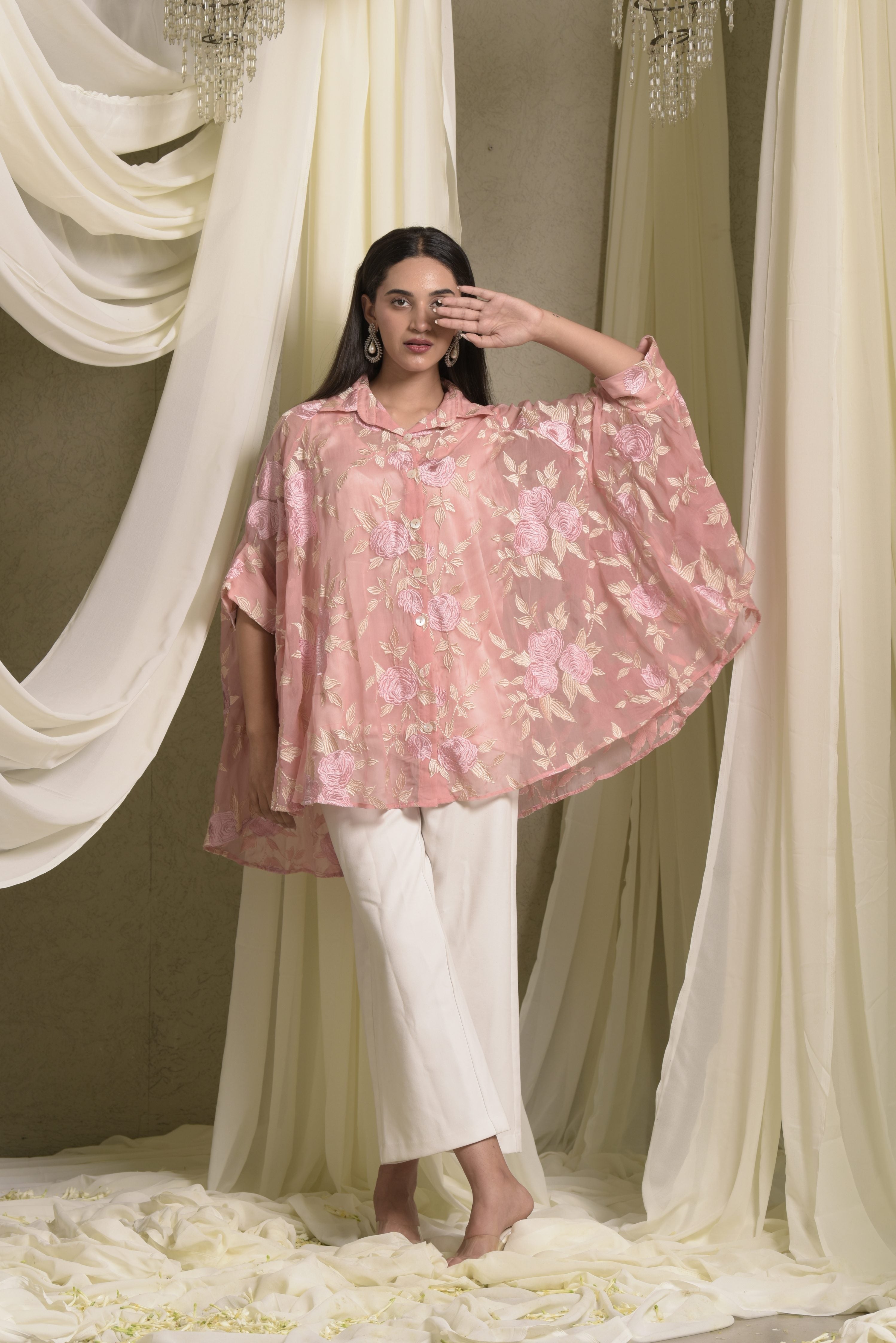 Elahe Embroidered Rose Shirt - Pink