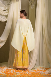 Reyna Gara Glazed Embroidered Pleated V- Neck Cape Coordinated with Straight Pants - Yellow