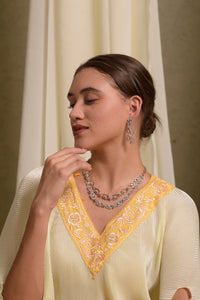 Reyna Gara Glazed Embroidered Pleated V- Neck Cape Coordinated with Straight Pants - Yellow