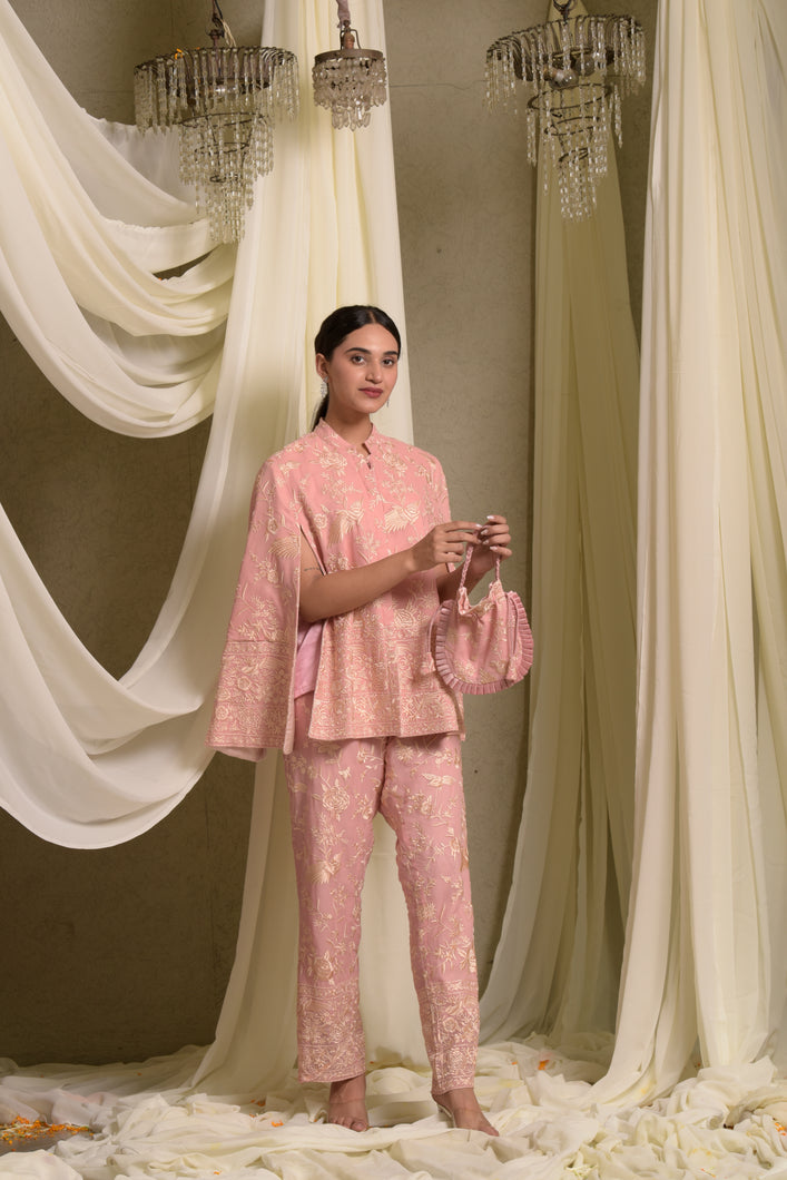 Reyna Gara Glazed Cape Jacket With Coordinated Pants- Blush Pink