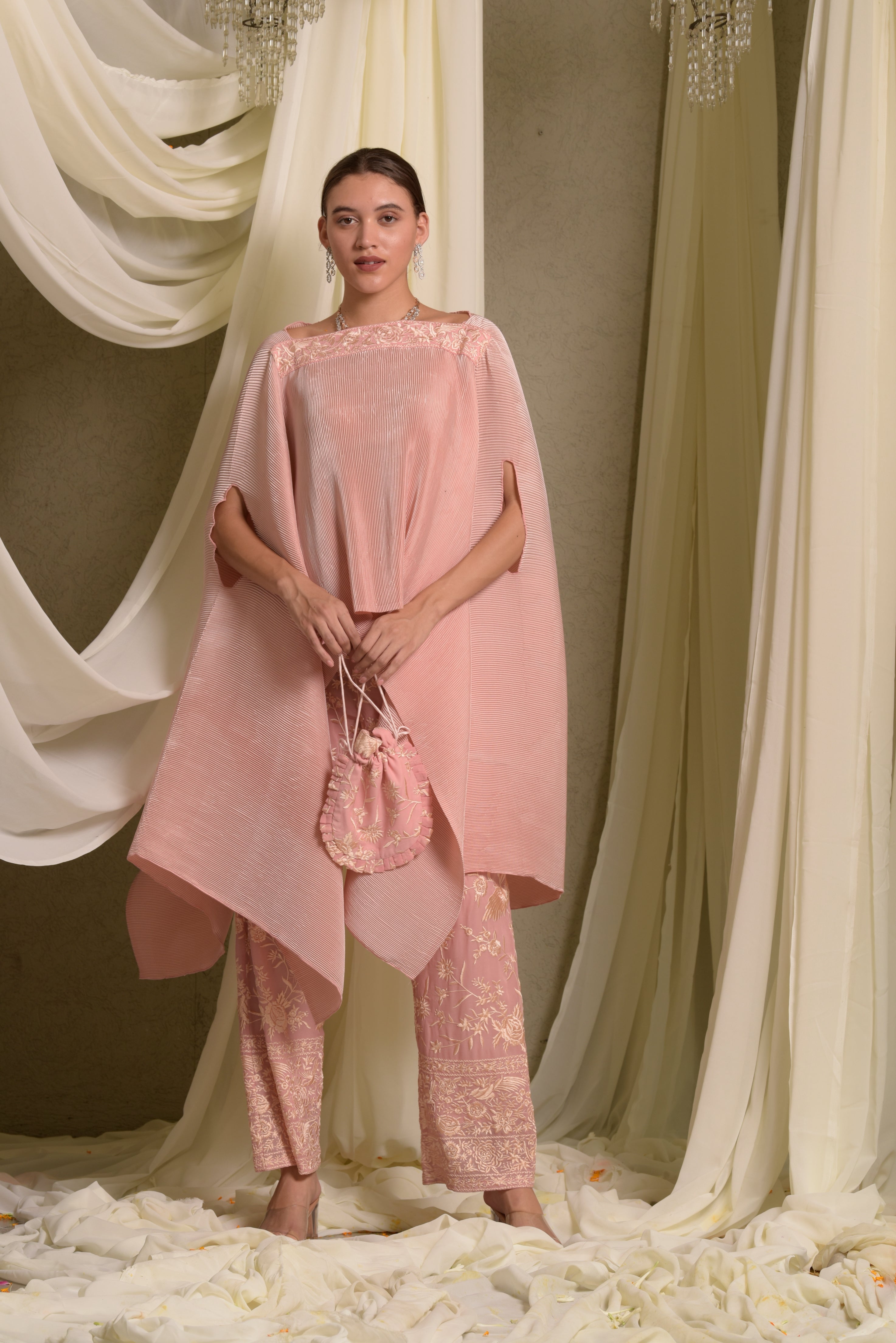 Reyna Gara Glazed Pleated Cape Coordinated with Slit Pants- Pastel Pink