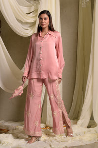 Reyna Gara Glazed  Shirt With Slit Pants- Pastel Pink