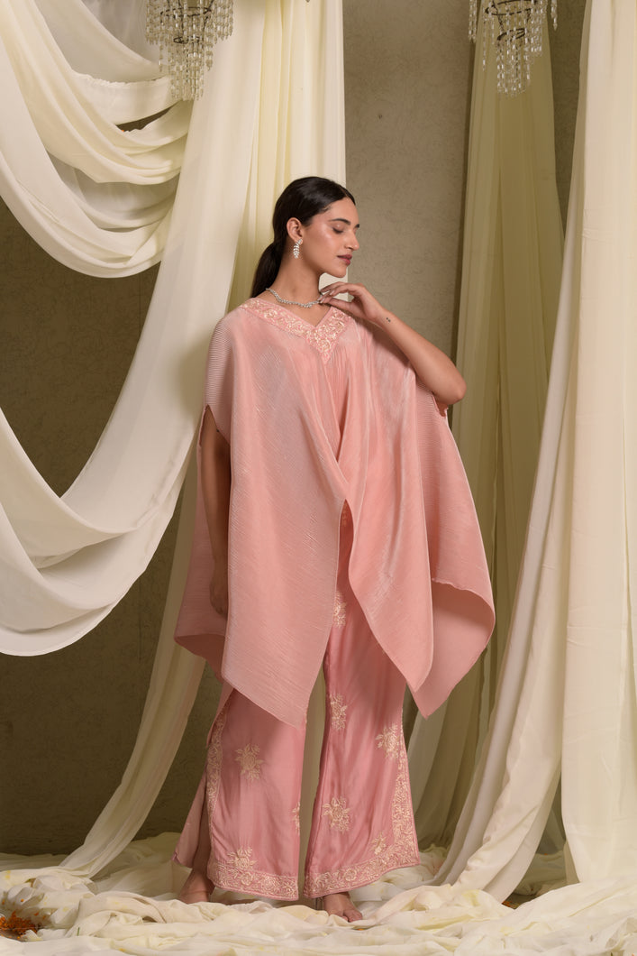 Reyna Gara Glazed Embroidered Pleated V- Neck Cape Coordinated with Straight Pants - Pastel Pink