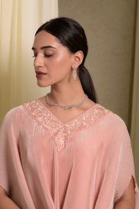 Reyna Gara Glazed Embroidered Pleated V- Neck Cape Coordinated with Straight Pants - Pastel Pink