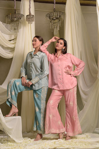 Reyna Gara Glazed  Shirt With Slit Pants- Pastel Pink