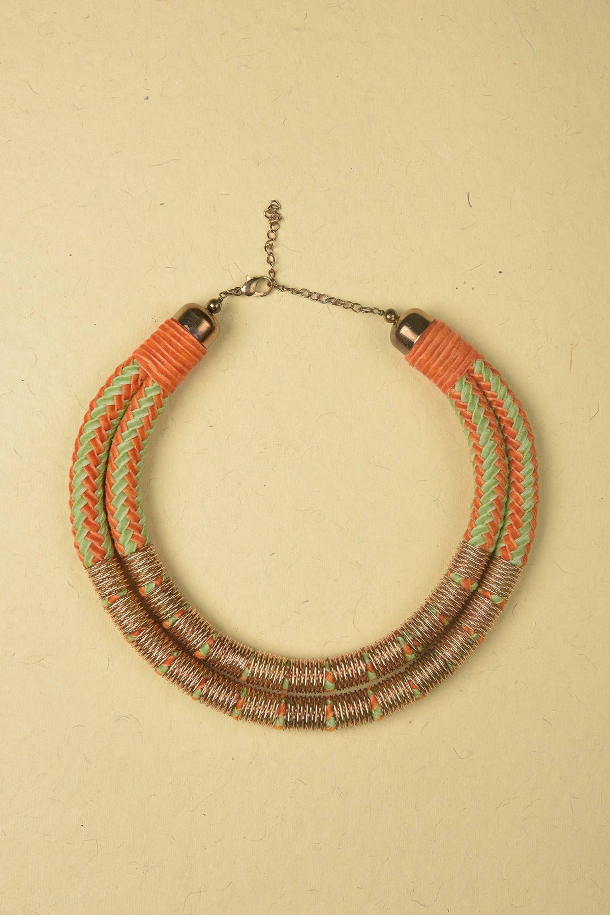 Green &amp; Orange Necklace made of Jute, Suede and Plated Iron Rings