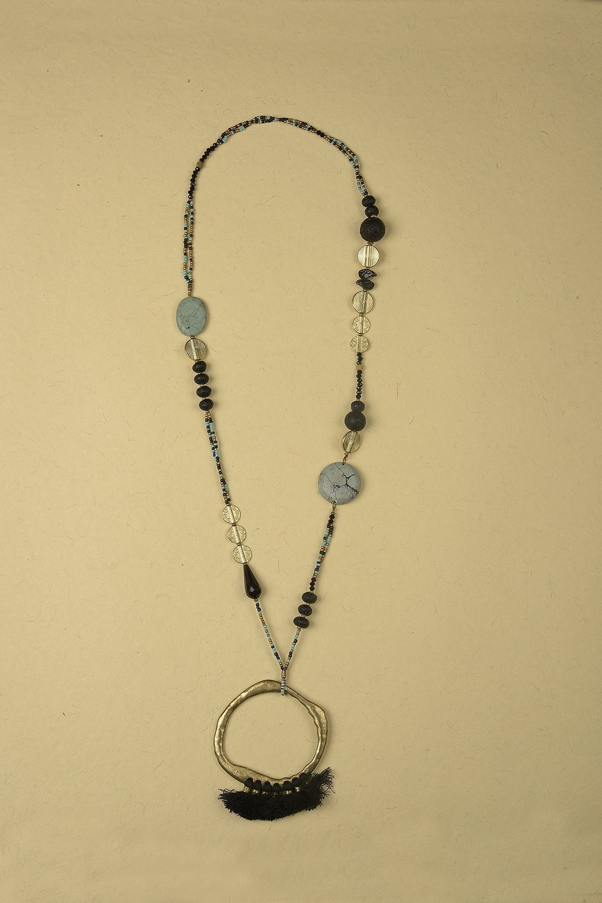 Long Necklace made of Beads, Stones, Thread and Iron Metal