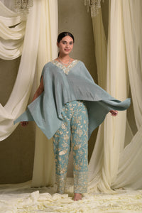 Reyna Gara Glazed Embroidered Pleated V- Neck Cape Coordinated with Straight Pants - Mint