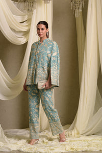 Reyna Gara Glazed Cape Jacket With Coordinated Pants - Mint