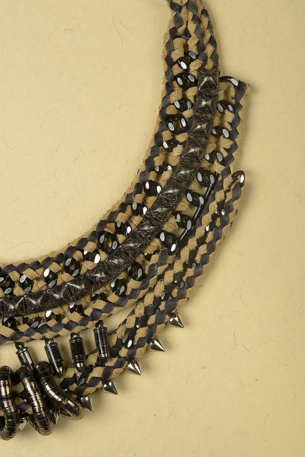 Necklace made of Jute, Suede, Iron Chain, Iron Bullets, Iron Cones and Iron Rings