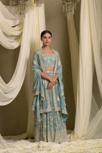 Load image into Gallery viewer, Reyna Gara Glazed Ghagra With Pearl Blouse And Cape - Mint