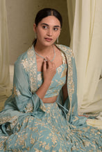 Load image into Gallery viewer, Reyna Gara Glazed Ghagra With Pearl Blouse And Cape - Mint