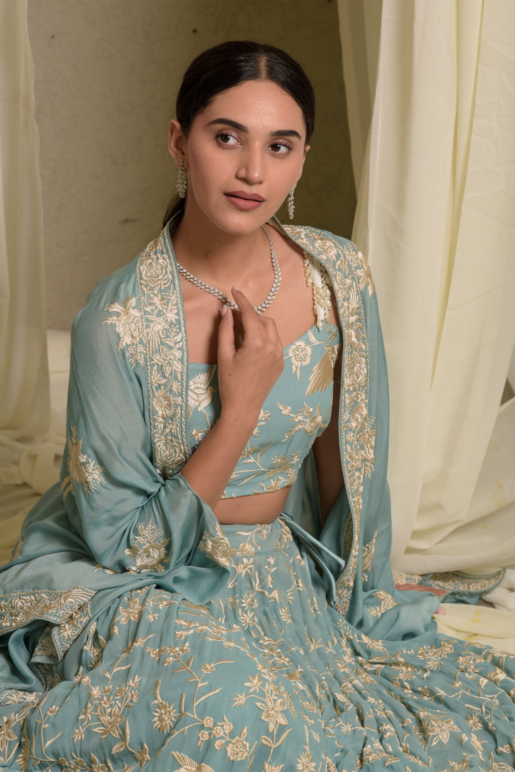 Reyna Gara Glazed Ghagra With Pearl Blouse And Cape - Mint