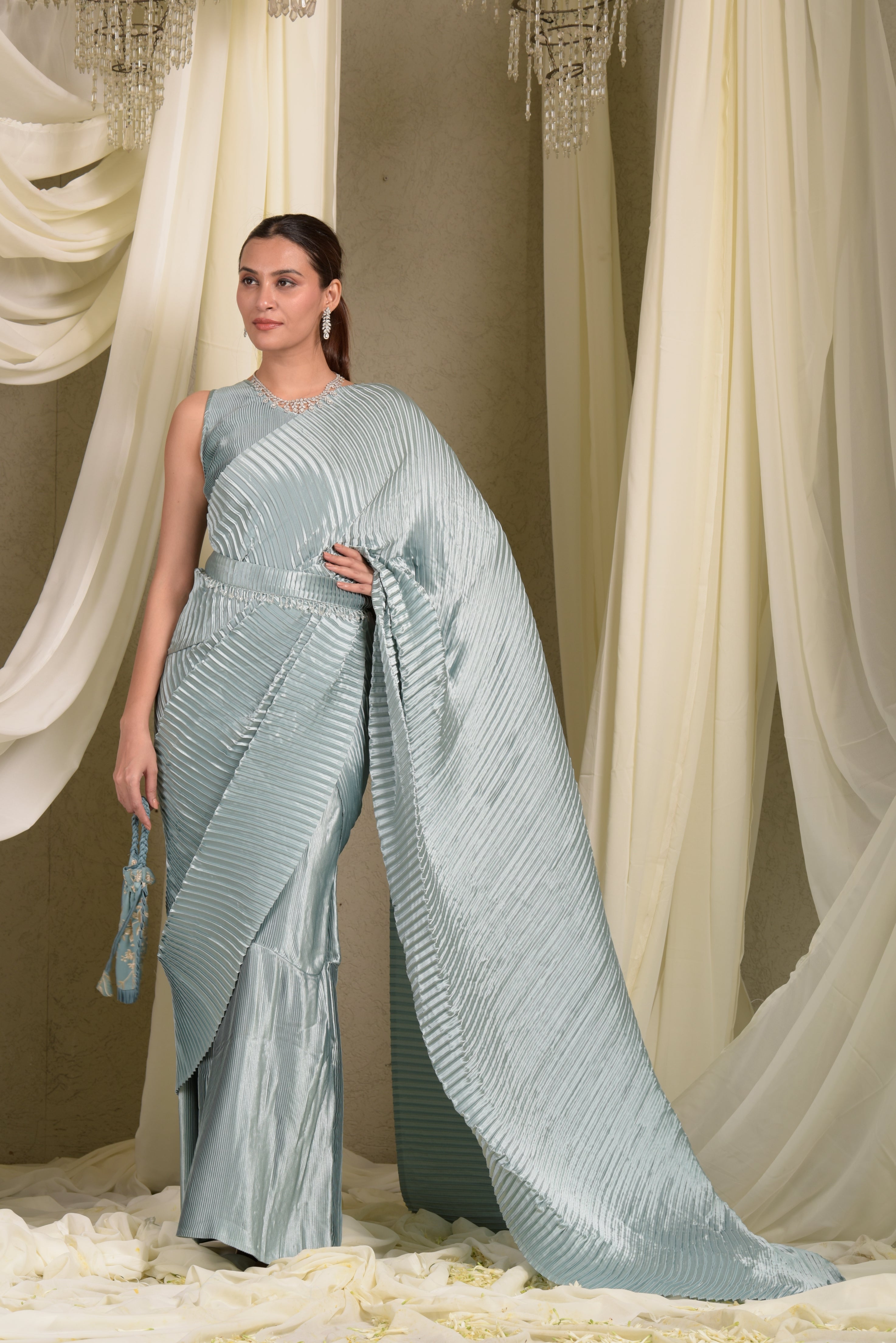 Classy Pleated Gown Saree - Powder Blue