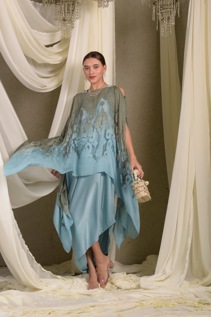 Slip Easy Dress With Organza Cape - Powder Blue & Olive