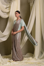 Load image into Gallery viewer, Metallic Pleated Gown Saree With Ombre Palla - Powder Blue Grey