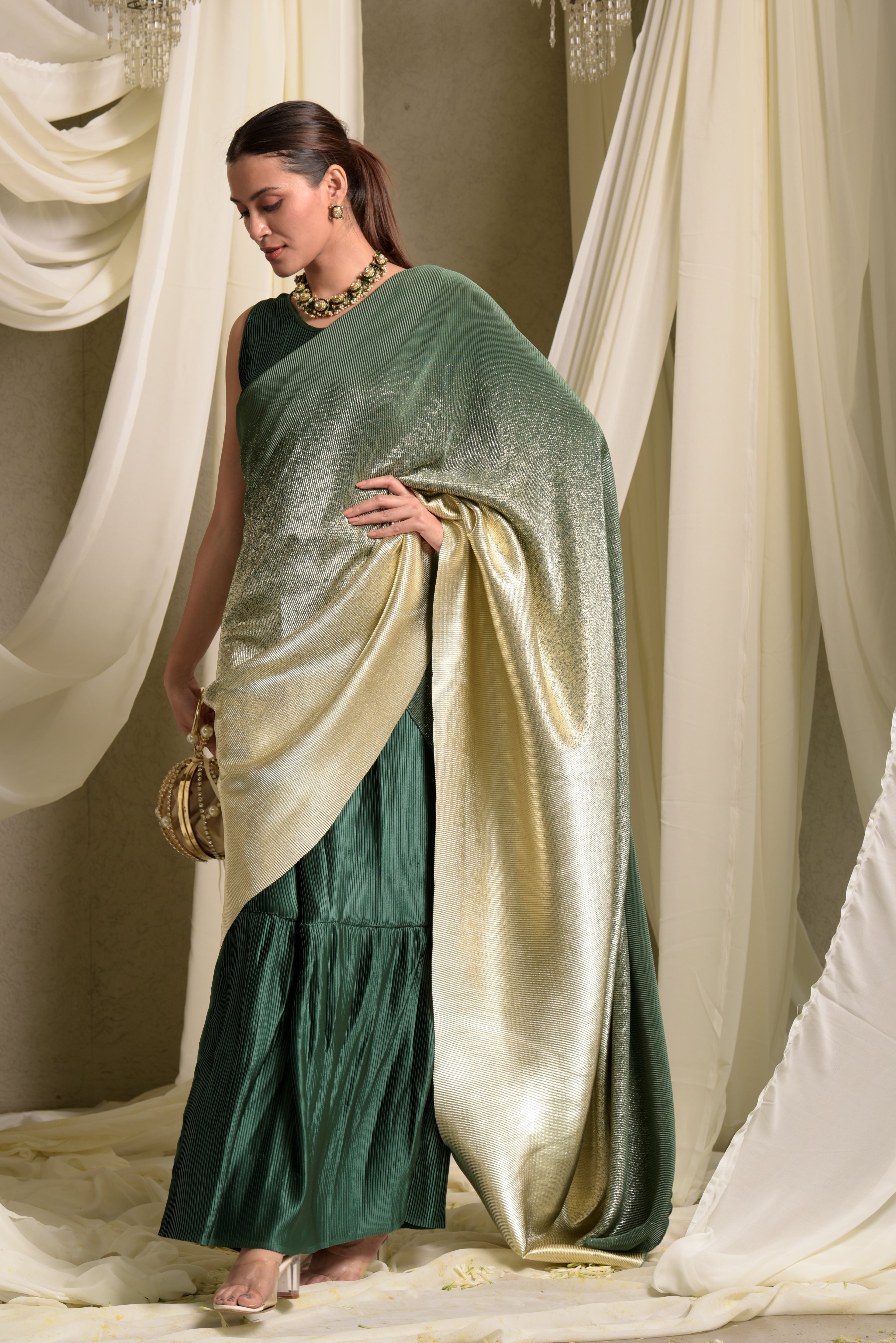 Idylic Adorned Gown Saree With Umbrous Palla - Emerald Green