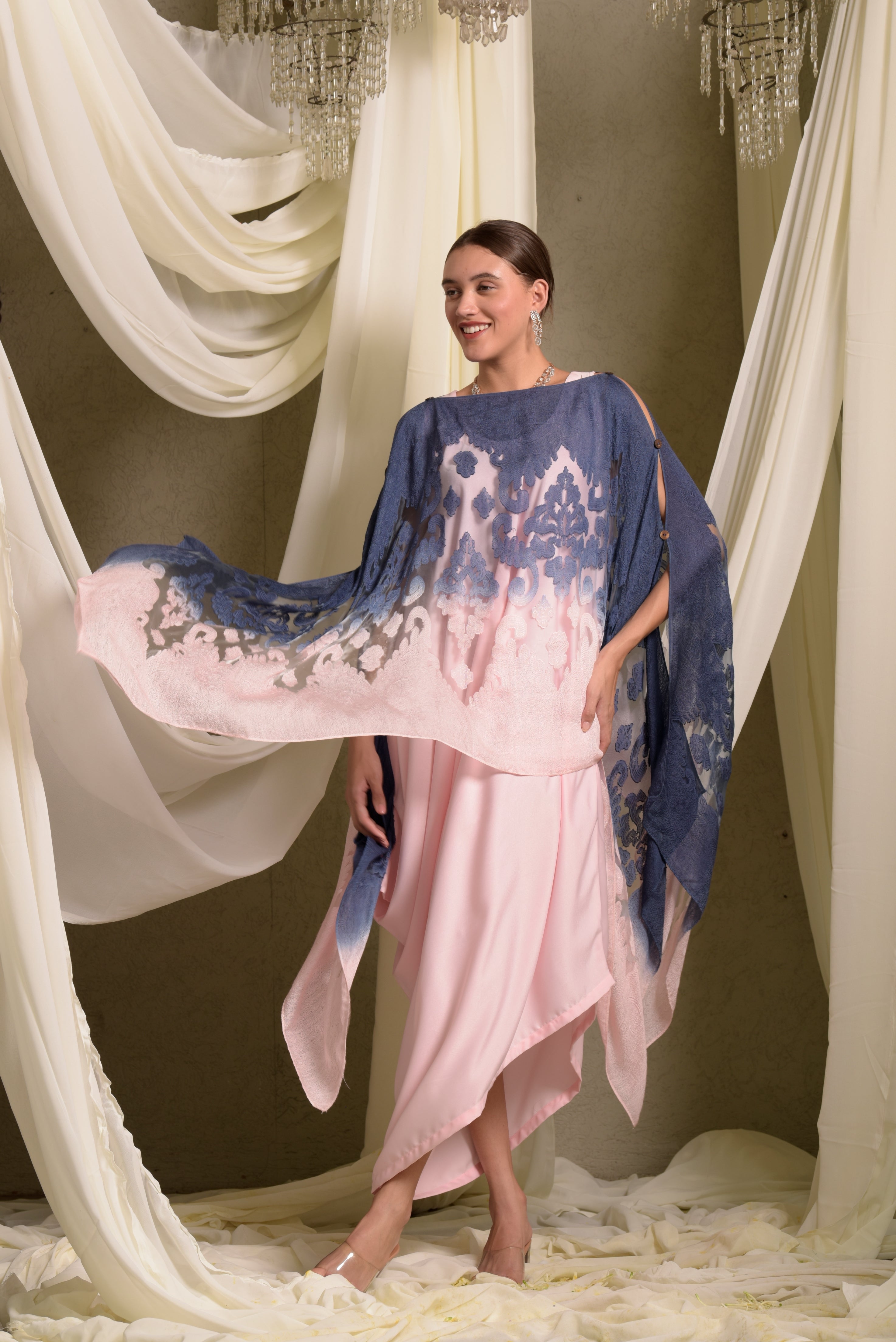 Slip Easy Dress With Organza Cape - Pink &amp; Blue